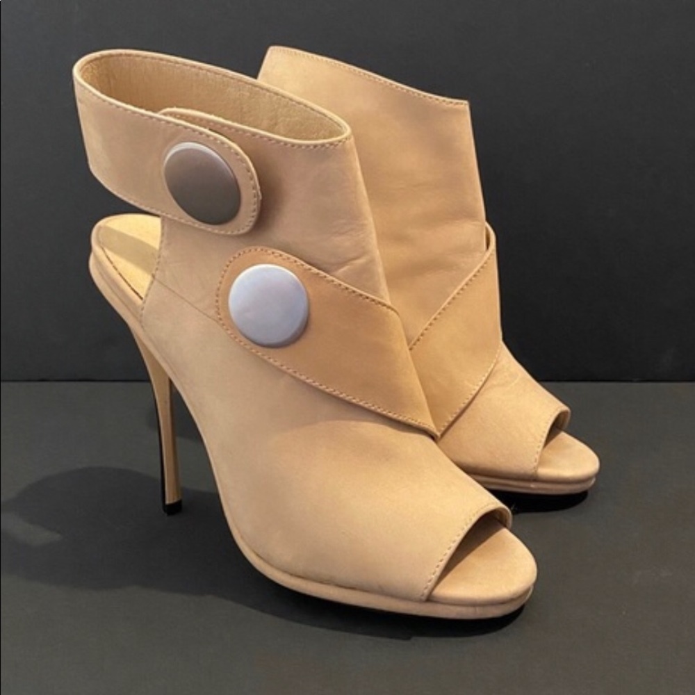 L.A.M.B. Lt Tan Nubuck Peep Toe Bootie Stilettos